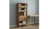 Solid Wood Board Wooden Bookshelf with Drawers Raised Legs Freestanding Display Shelf Modular Bookcase System for Students, Living Room