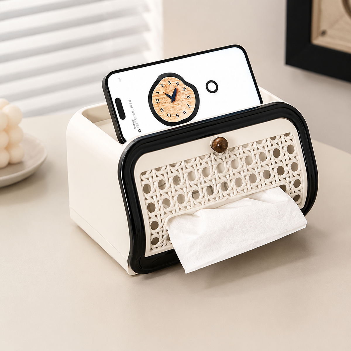 Plastic Tissue Case, With Lid, Multi-functional, Waterproof, Wood Grain Pattern, Living Room, Desk Area, Stylish