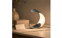 Curved Crescent Moon Lamp Modern C-Shaped Lamp Glossy Moon Table Light White and Silver for Bedroom, Living Room, Indoor