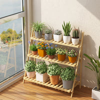 Plant Stand and Wooden Storage Rack for Living Room, Foldable Bamboo 3 Tiered Plant Stand with Hanging Rod, Tall Plant Stands Indoor, Pot Stand