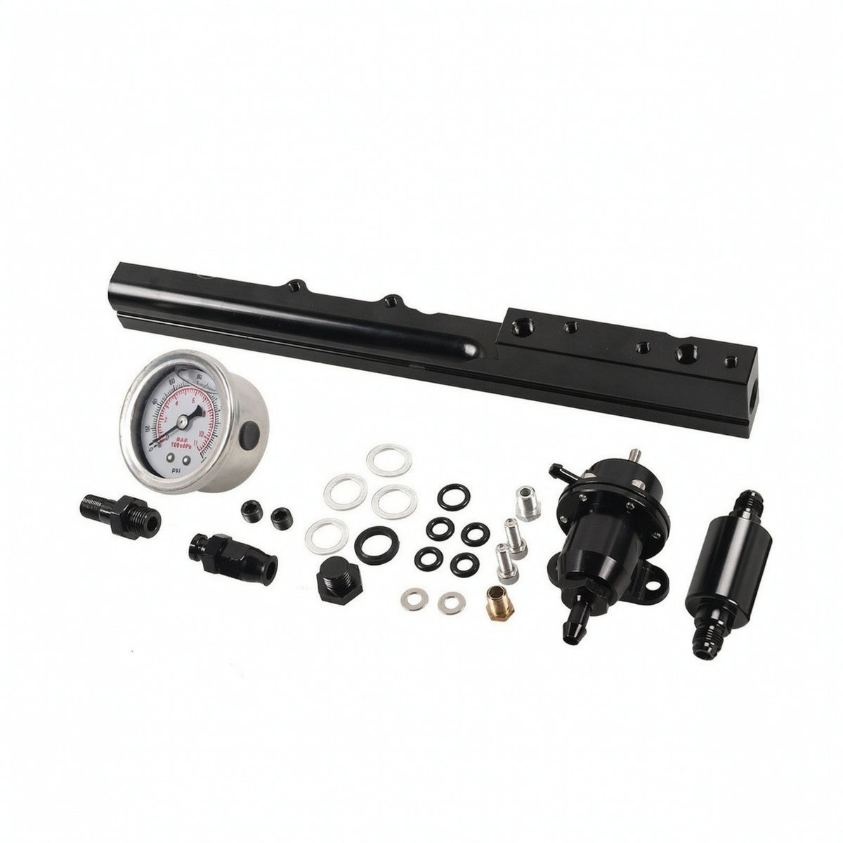 Black Anodized Fuel Adapter Aluminum Fuel with Pressure Gauge Adjustable Auto Part Easy to Install for Car Tuners, Mechanics, Engine Bay, Track Cars