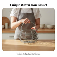 Sturdy Iron Construction Wire Egg Basket Rustic Design Round Basket with Handle Ventilated for Countertop, Pantry, Garden