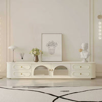 TV Cabinet with Glass Doors Cream TV Stand with Glass Doors Fluted Media Console for Living Room