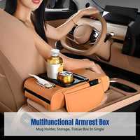 Car Armrest Pad, Universal Multifunctional Leather Pad with Beverage Holder, Storage, Heightening Pad, Tissue Box