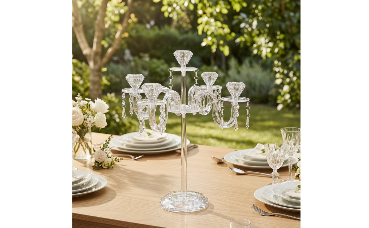 Candelabra with Crystal Pendants Clear Candle Holder with Crystal Pendants Glossy Five-Arm Candelabra for Wedding Planners, Weddings, Reception Tables