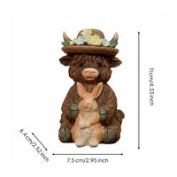 Shaggy-Haired Cow Holding Hare Figurine Collectible Shaggy Cattle with Bunny Figure Detailed Hair Texture Resin Pastoral Animal Ornament for Bookshelf