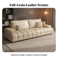 Straight-Line 3-Seater Sofa Top-Grain Cowhide Upholstered 3-Seater Couch Modern Minimalist Design Living Room Seating for Apartment Dwellers, Families