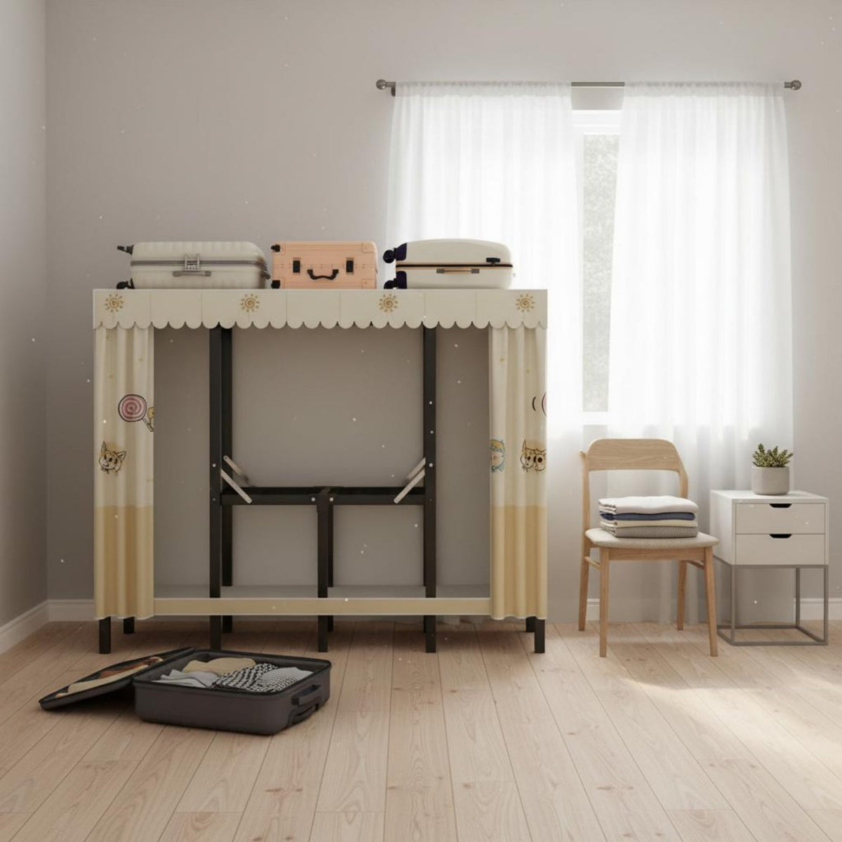 Installation-No-Assembly Foldable Cloth Wardrobe Easy to Assemble Portable Wardrobe Closet Quick Assembly Freestanding Garment Rack with Cover Sturdy and Long-Lasting for Students, Temporary Housing
