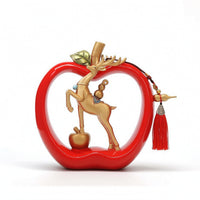 Gold-Toned Deer Figurine in Apple Frame Glossy Deer Ornament Elegant Sculpture with Tassel Sculptural for TV Cabinet, Entryway, Living Room, Bookshelf