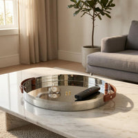 Leather Handled Tray Stainless Steel Mirrored Tray Shallow Rim Serving Platter for Tabletop Display