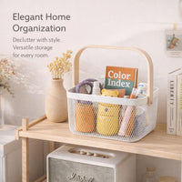 Mesh Wire Metal Storage Basket Wooden Handle, Metal Storage Basket with Wooden Handle, Wire Metal Storage Basket for Kitchen