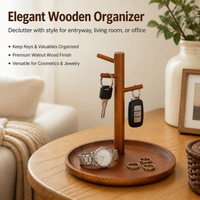 Wooden Key Holder, 20cm Valet Tray with Multiple Hooks, Modern Aesthetic Desk Decor for Small Items, Cosmetics, Jewelry