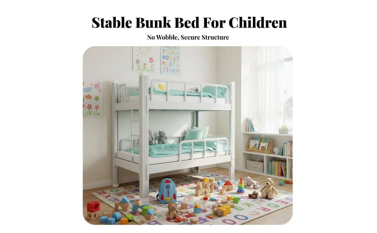 Space Saving Kids Metal Bunk Bed Heightened Safety Rails Metal Bunk Bed Stable Construction No Box Coil Needed for Students, Teens