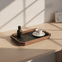 Walnut Serving Platter with Leather Inset Classic Octagonal Wooden Tray Modern Luxury for Coffee Table