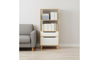 Small Footprint Slim Bookcase Solid Wood Legs Tall Wooden Storage Unit Nordic Design Narrow Bookshelf with Drawer for Home Office