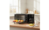 3-in-1 Breakfast Machine Non-Stick 3-in-1 Breakfast Station Toaster Oven with Coffee Maker Easy-to-Use Appliance Simple Controls