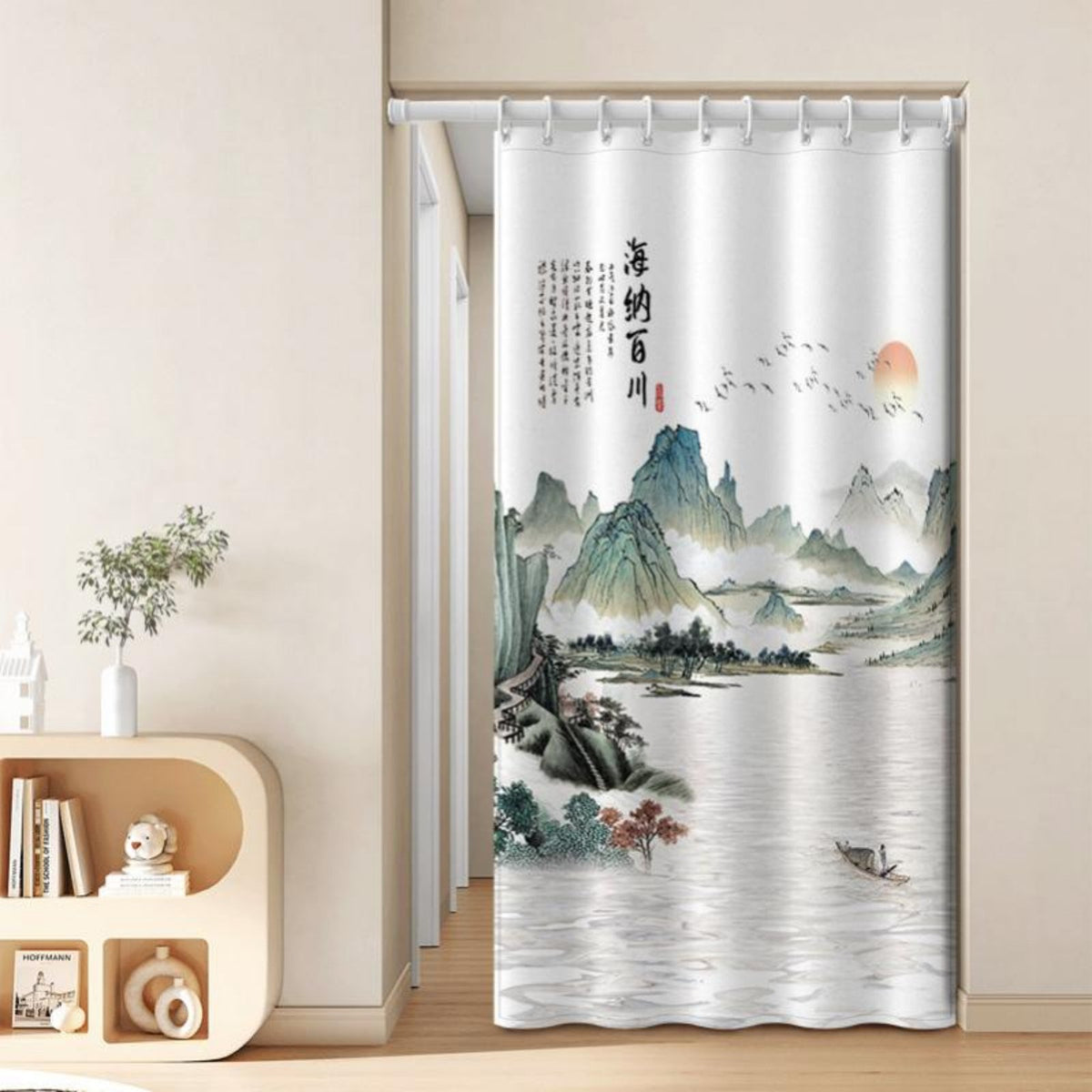 No-Drill Installation Chinese Landscape Noren Includes Telescopic Rod Room Divider Privacy Screen Doormethod Curtain Ink Wash Painting Design for Homeowners, Fans of Asian Culture, Restaurant Owners, Bedroom, Kitchen, Shop