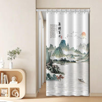 No-Drill Installation Chinese Landscape Noren Includes Telescopic Rod Room Divider Privacy Screen Doormethod Curtain Ink Wash Painting Design for Homeowners, Fans of Asian Culture, Restaurant Owners, Bedroom, Kitchen, Shop