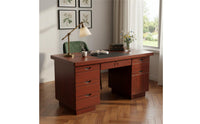 Lockable Drawer Wooden Writing Desk with Secure Wood Grain Finish Double Pedestal Desk Sturdy Construction Workstation Waterproof Surface for Personnel, Students, Study Room