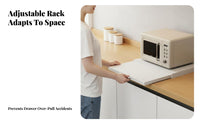 Space Saving Extendable Microwave Shelf with Drawer Multi-Purpose Pull-out Kitchen Counter Shelf Sturdy Metal Construction Extendable Kitchen Rack High Load Capacity for Home Cooks, Homeowners, Office Workers, Pantry, Dorm Room