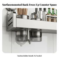 Drillwithout Drilling Installation Multifunctional Suction Rack Multi-Functional Kitchen Organizer Movable Hooks Wall Shelf Easy to Clean for Renters, Apartment Dwellers, Home Cooks, RV, Pantry