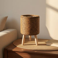 Wooden Legs Rattan Planter Clear Liner Wood Leg Planter Tabletop Wicker Plant Basket Decorative