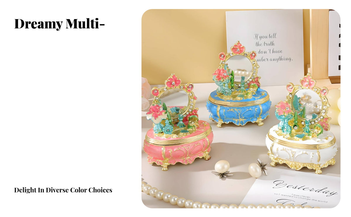Ideal Gift Enameled Trinket Box with Mirror Exquisite Engraving Miniature Dressing Table Jewelry Box Rhinestone Accents for Women, Girls