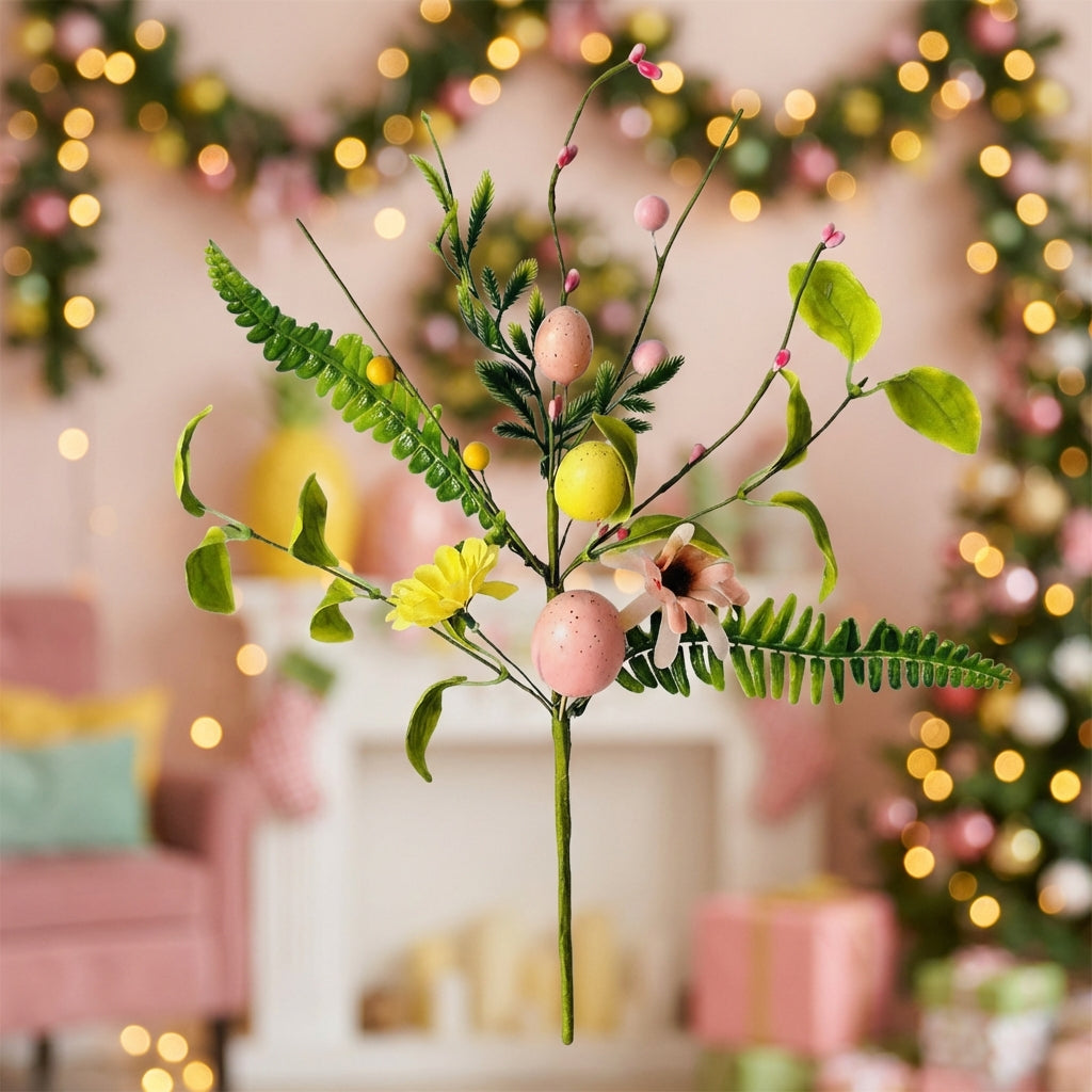 Artificial Easter Egg Twigs, Speckled Pastel Foam Spray with Berries, Bendable Wire Spring Floral Picks for Vase Display, DIY Wreath & Bonnet Craft Decoration