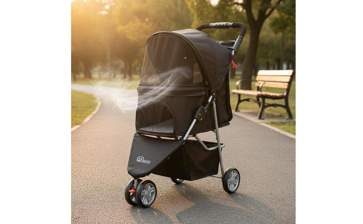 Foldable 3-Wheel Pet Stroller Breathable Mesh Folding Dog Stroller Single-Button Fold for Small Dogs, Elderly Pets, Outdoor, Travel