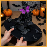 DIY Witch Hat with Butterflies Gothic Crumpled Witch Hat Satin Witches Cap Spooky for Cosplayers, Costume Parties, Photo Shoots