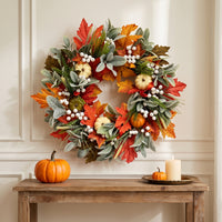 Maple Leaf Wreath Faux Wreath with Pumpkins Indoor Realistic for Entryway, Thanksgiving