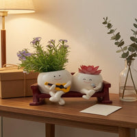 Smiling Faces Rocking Chair Planter Wooden Base Cartoon Plant Pot Set Cute Design Grinning Flower Pot Wood-Grain