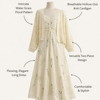 Wedding Guest Dress and Jacket Set for Women with Hollow Out Cardigan, Sleeveless Maxi with Long Sleeve Cover Up, Vintage Floral Print
