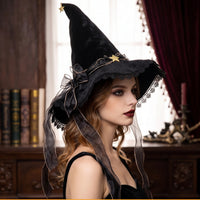 Wide Brim Velvet Witch Hat with Lace Gothic Halloween Witch Hat Floppy Soft for Women, Witches, Cosplayers, Costume Parties, Cosplay, Photo Shoots