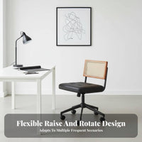 Woven Backrest Cane Back Rolling Chair Adjustable Height Office Seating 360-Degree Swivel Home Furniture Retro Design for Students, Adults, Teens, Bedroom, Study Room