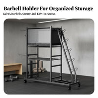 Large Capacity Home Gym Storage Rack Movable with Locking Wheels Exercise Mat and Dumbbell Holder Lockable Casters Dumbbell and Exercise Mat Stand Heavy-Duty for Garage