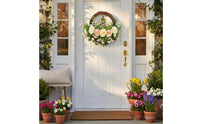 Farmhouse Door Wreath Low Maintenance Artificial Rose and Wildflowers Wreath Realistic Flowers Spring Floral Door Basket for Easter, Porch, Wedding