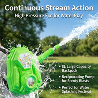 Water Blaster Backpack, Large Capacity 8L Water for Kids, Continuous Flow Reciprocating Watergun Polymer Summer Toy for Garden Play