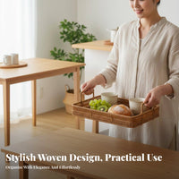 Japanese design aesthetic Round Woven Tray adaptable Round Woven Platter with Handles Natural visually pleasing Storage Basket perfect Gift for &beverage Lovers, Interior Decorators, homeowners, Kitchen, Living Room, Dining Table, Housewarming Party