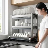 Stainless Steel Dish Rack and Draining Rack, Space Saving Kitchen Dish Rack with Drip Tray, Kitchen Storage with Built-in Cup Holder