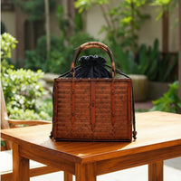 Bamboo Carry Box Artisanal Woven Handbag with Handle Handmade Bamboo Tote for Gift Presentation