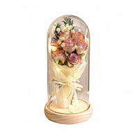 Romantic Gift Blossom Arrangement Glass Dome Long-Lasting Blossom Glass Dome Lamp Hand-Assembled Lighted Flower Cloche Dustproof Cover for Mom
