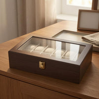 Padded Compartments Watch Organizer Box Transparent Top Window Wooden Watch Box Hinged Lid Wood Grain