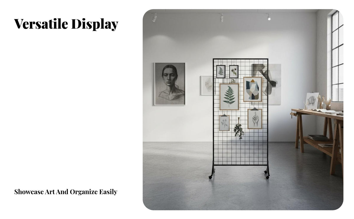 Includes Hooks Gridwall Display Stand With Caster Wheels Gridwall Panel Stand Easy Assembly Metal Art Display Rack Sturdy Construction for Teachers, Exhibitors, Crafters, Exhibitions, Schools, Temporary Shops, Home
