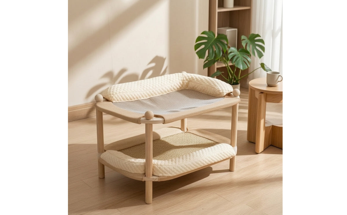Wooden Cat Bed with Bolster Breathable Cat Bed with Woven Mat Double-Layer Furniture for Living Room