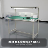 Steel Frame Construction Anti-Static Workbench Adjustable Leveling Feet Heavy-Duty Work Table Overhead LED Lighting Heavy Duty Work Table 2000 LBS Load Capacity for Technicians, Factory Workers, Assembly Line, Laboratory, Warehouse, Basement
