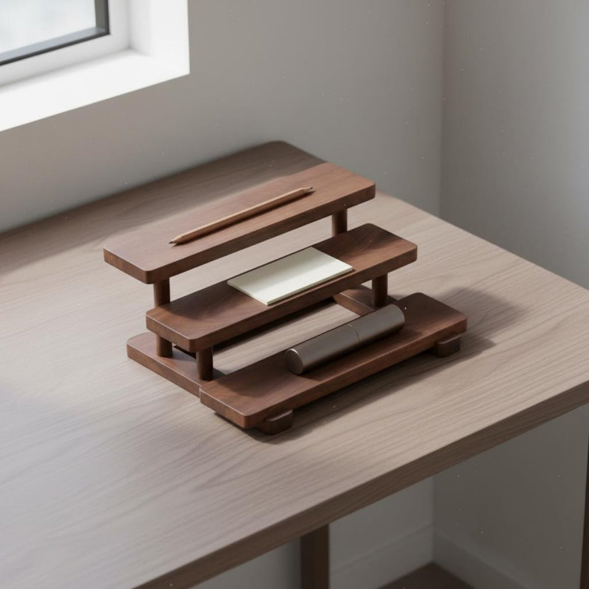 Tea Set Display Rack Tiered Design Walnut Wooden Step Shelf Sturdy Construction 3-Tier Wooden Display Riser for Collectors, Kitchen Counter, Office