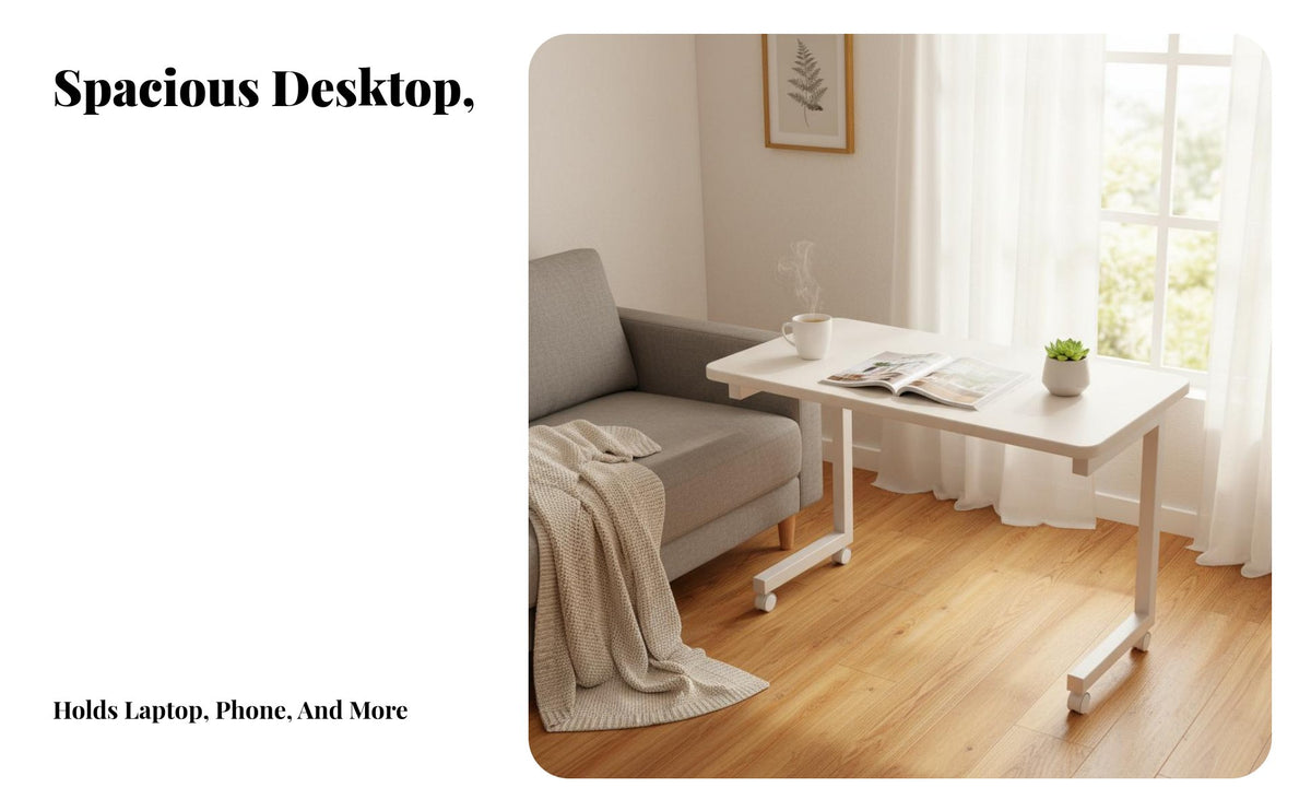 With Wheels C-Shaped Rolling Table Space-Saving Small Desk Slides Under Sofa Household Furniture Minimalist Design for Apartment Dwellers, Telecommute Workers, Students, Living Room, Bedroom, Home Office