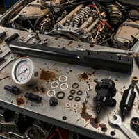 Black Anodized Fuel Adapter Aluminum Fuel with Pressure Gauge Adjustable Auto Part Easy to Install for Car Tuners, Mechanics, Engine Bay, Track Cars