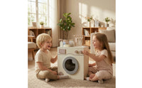 Wooden Washing Machine Toy Front-Loading Pretend Washing Machine Toy Washer Realistic Play Appliance Safe for Children, Playroom